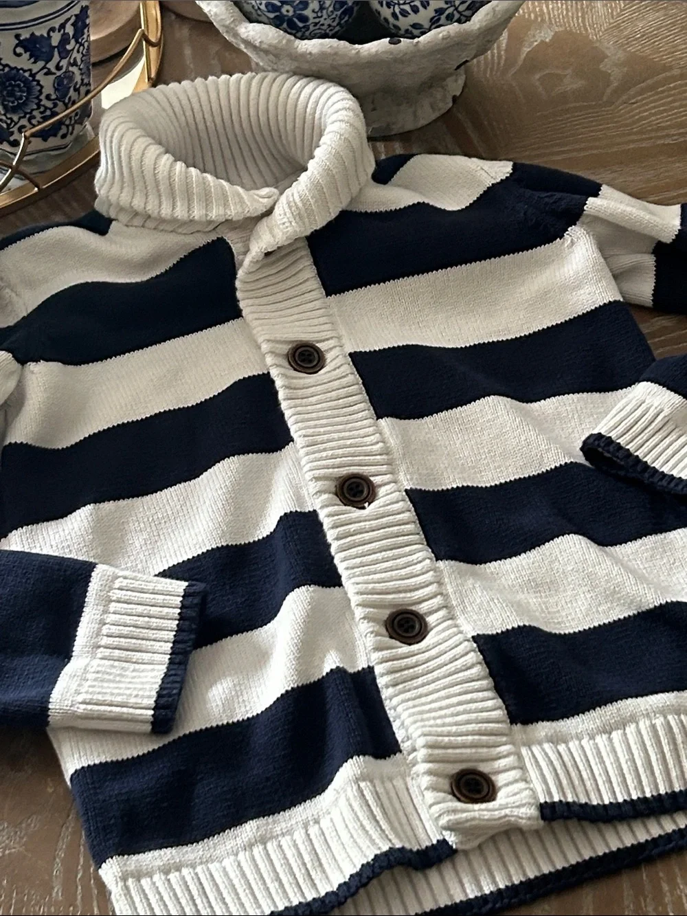 Gymboree Kids Navy & Creamy White Striped Button Sweater Cowl Neck Cardigan
